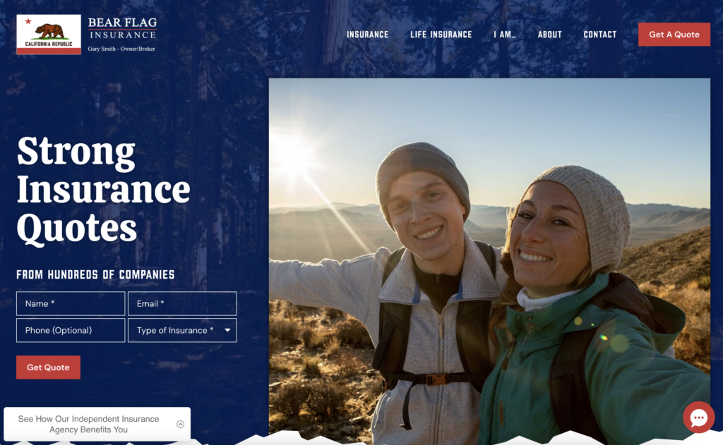 Lead form displayed in the home page hero section of insurance agent's website.